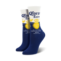 Pair of crew socks showcasing the Corona Extra beer label.  The socks are predominantly navy blue with white and yellow accents.