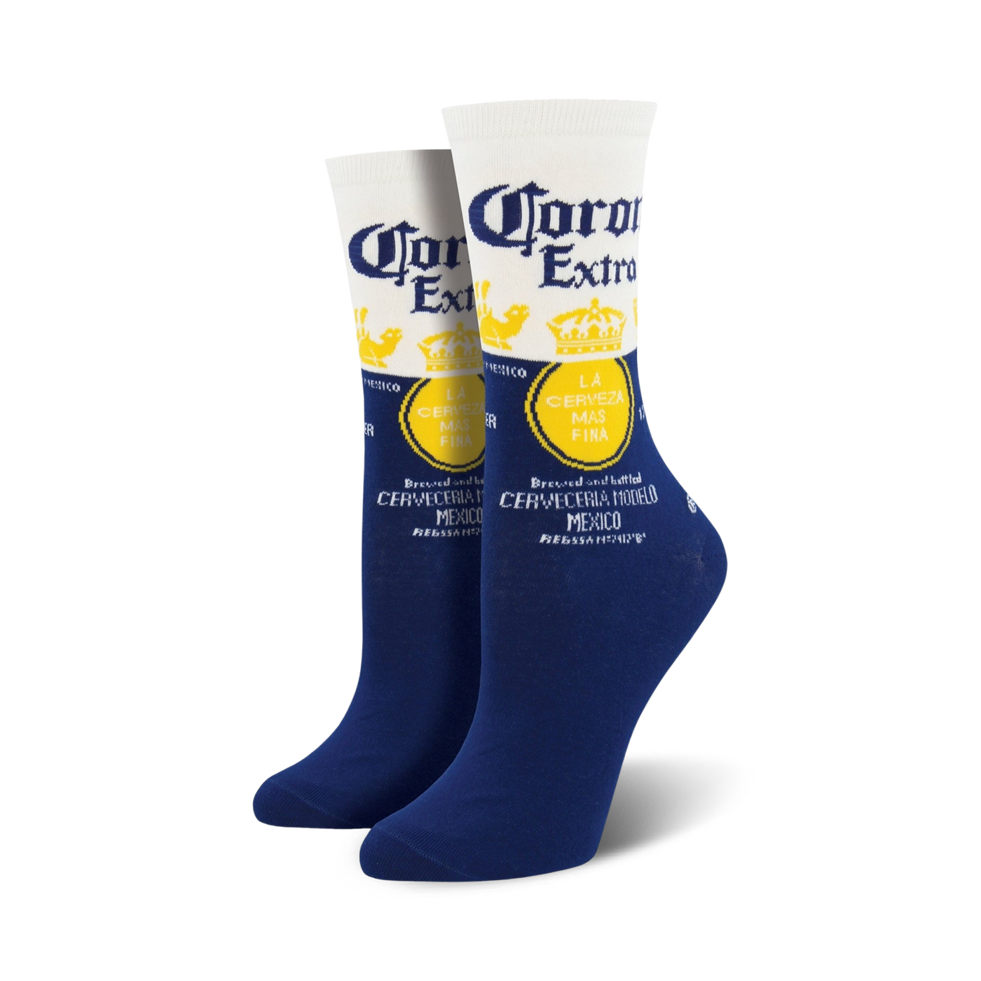 Pair of crew socks showcasing the Corona Extra beer label.  The socks are predominantly navy blue with white and yellow accents.