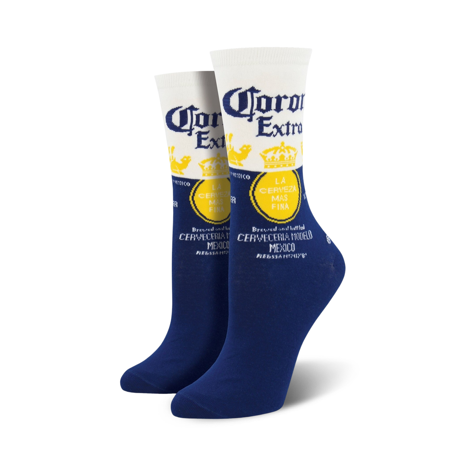Pair of crew socks showcasing the Corona Extra beer label.  The socks are predominantly navy blue with white and yellow accents.