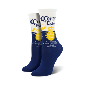 women's blue and white crew length novelty socks with repeated yellow and blue crown logo label.    