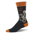 Black crew sock with rust orange trim. Features a coffee-drinking skeleton and Death Before Decaf text.