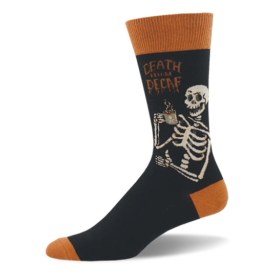 Black crew sock with rust orange trim. Features a coffee-drinking skeleton and Death Before Decaf text.