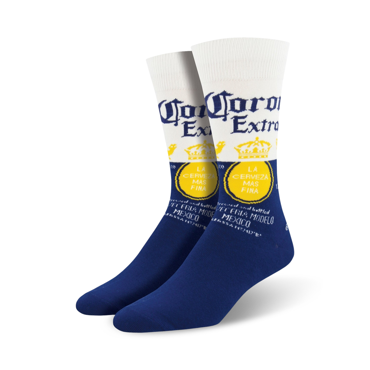 Pair of crew socks in white and navy blue, featuring the Corona Extra beer logo and text.