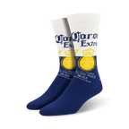 Pair of crew socks in white and navy blue, featuring the Corona Extra beer logo and text.