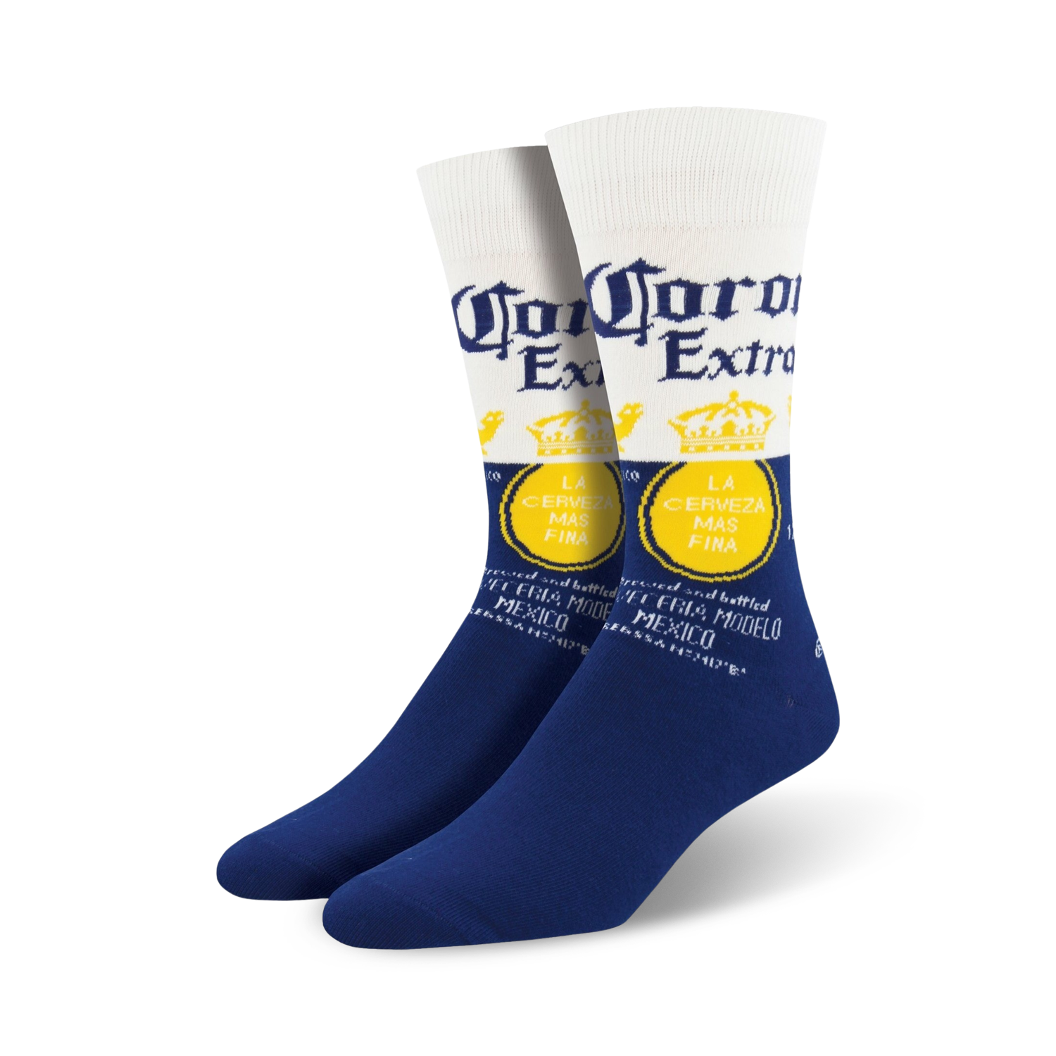 Pair of crew socks in white and navy blue, featuring the Corona Extra beer logo and text.