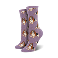 Pair of women's crew socks featuring a repeating pattern of basset hounds in brown, white, and black against a lavender background.