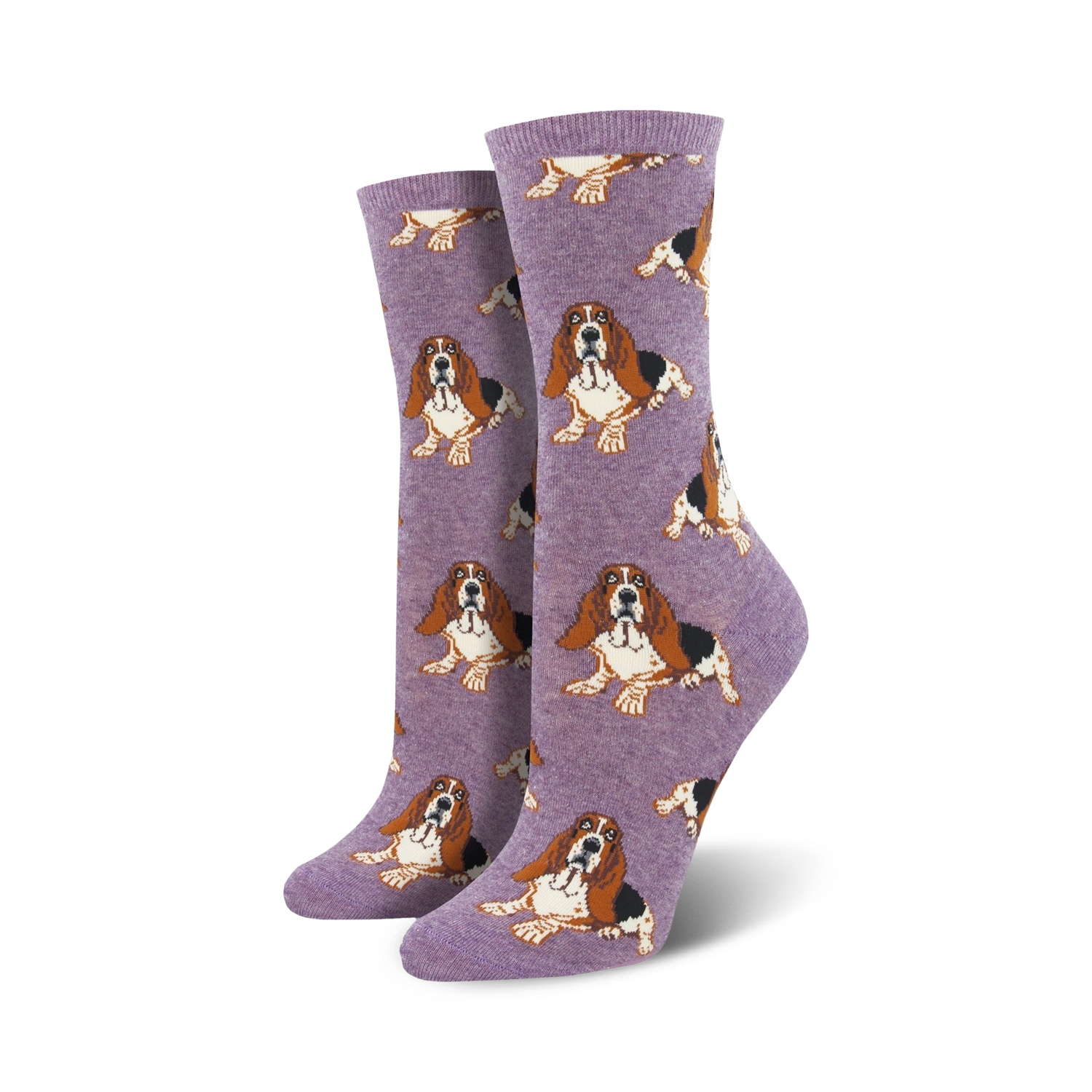 Pair of women's crew socks featuring a repeating pattern of basset hounds in brown, white, and black against a lavender background.