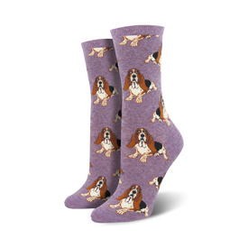 purple crew socks with a cartoon basset hound print. a fun and unique way to show your love for dogs.  