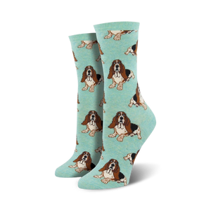 brown and black basset hound cartoon dog pattern adorns these light blue crew socks made for women.   