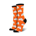 Pair of women's crew socks. Bright orange background with a pattern of cute, white ghost couples wearing bows. Black heel and toe.