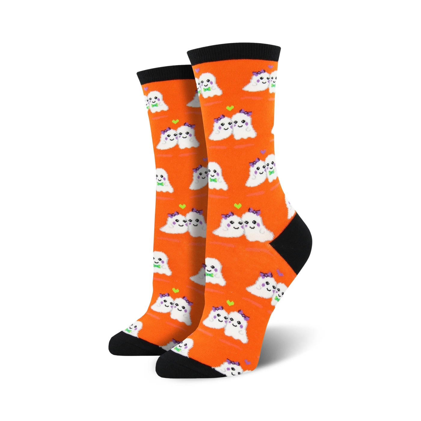 Pair of women's crew socks. Bright orange background with a pattern of cute, white ghost couples wearing bows. Black heel and toe.