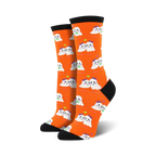 Pair of women's crew socks. Bright orange background with a pattern of cute, white ghost couples wearing bows. Black heel and toe.