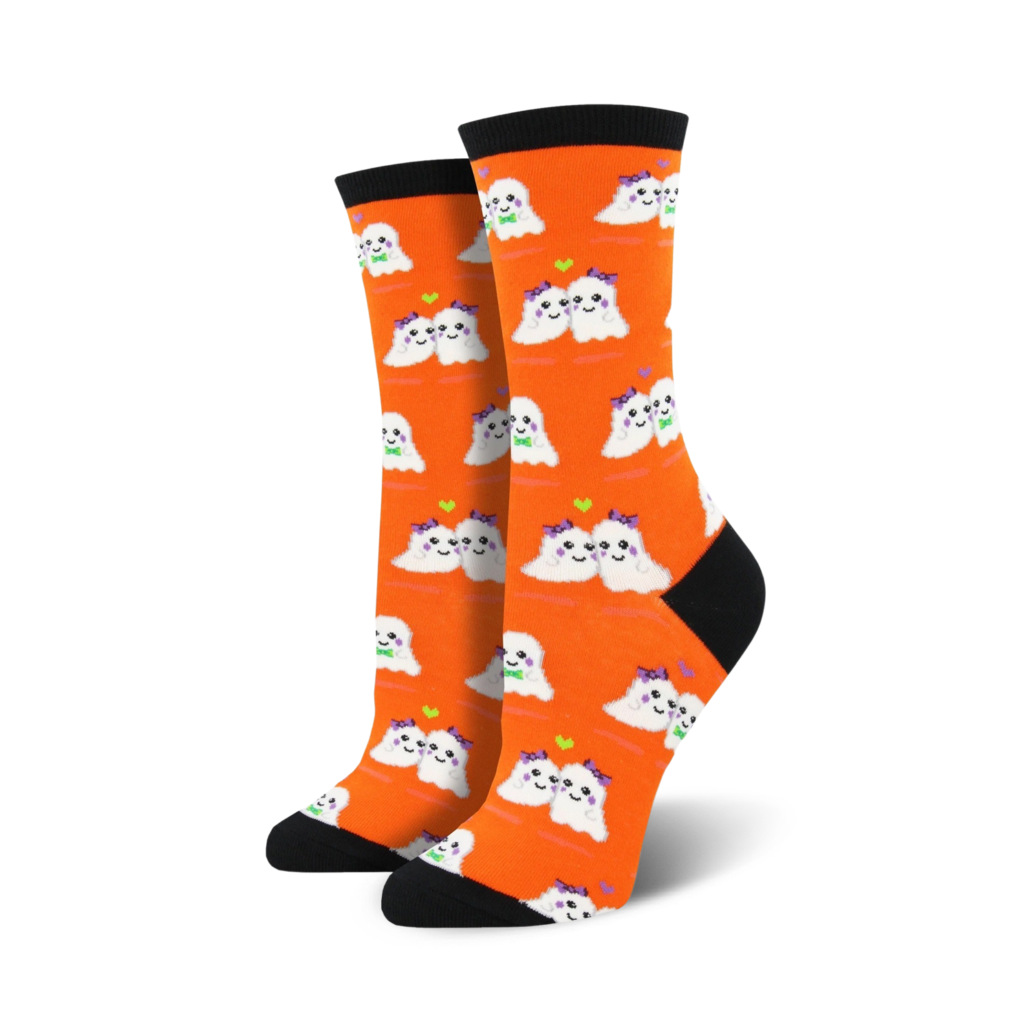 Pair of women's crew socks. Bright orange background with a pattern of cute, white ghost couples wearing bows. Black heel and toe.