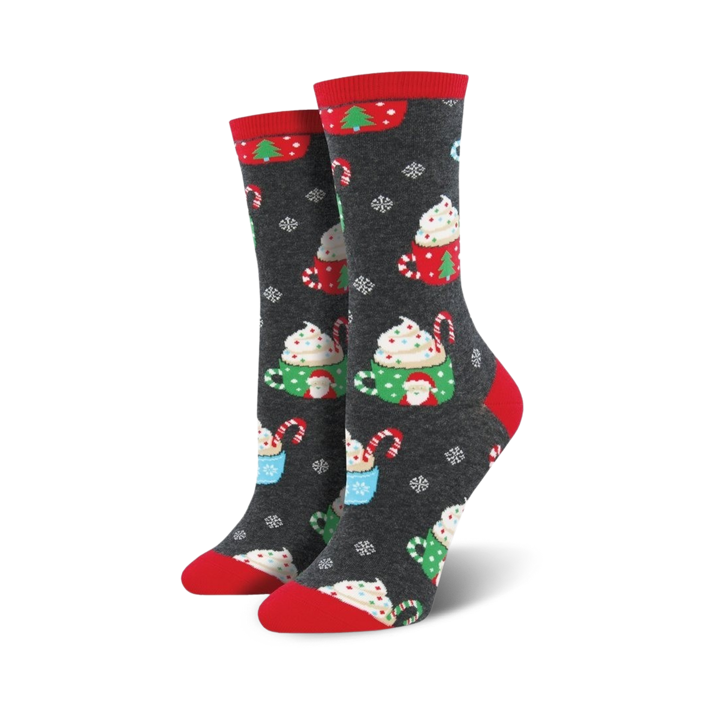 Pair of women's crew socks in dark gray with a festive design of hot cocoa cups, candy canes, and snowflakes. Red and green accents.