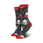 Pair of women's crew socks in dark gray with a festive design of hot cocoa cups, candy canes, and snowflakes. Red and green accents.