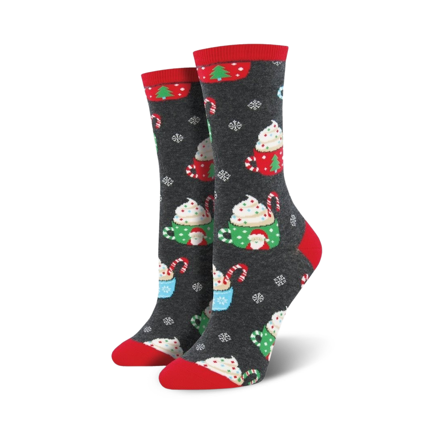 Pair of women's crew socks in dark gray with a festive design of hot cocoa cups, candy canes, and snowflakes. Red and green accents.