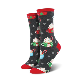 gray crew length womens' socks feature a christmas pattern including candy canes, snowflakes, santa hats, and cocoa mugs.  