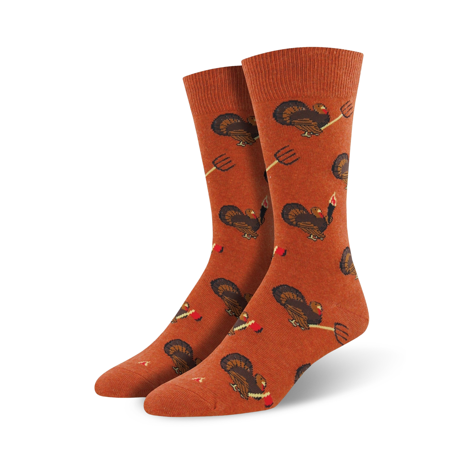 Pair of orange crew socks featuring a repeating pattern of turkeys and pitchforks.