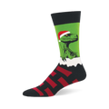 Raptor Claus sock featuring a green raptor in a Santa hat peeking over white fluff, with a black and red striped foot.