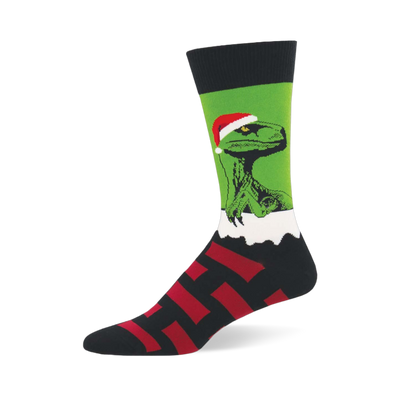 Raptor Claus sock featuring a green raptor in a Santa hat peeking over white fluff, with a black and red striped foot.