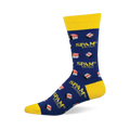 Blue crew sock with yellow cuff, heel, and toe, patterned with yellow "SPAM® BRAND" logos and Spam Musubi designs.