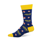 Blue crew sock with yellow cuff, heel, and toe, patterned with yellow "SPAM® BRAND" logos and Spam Musubi designs.