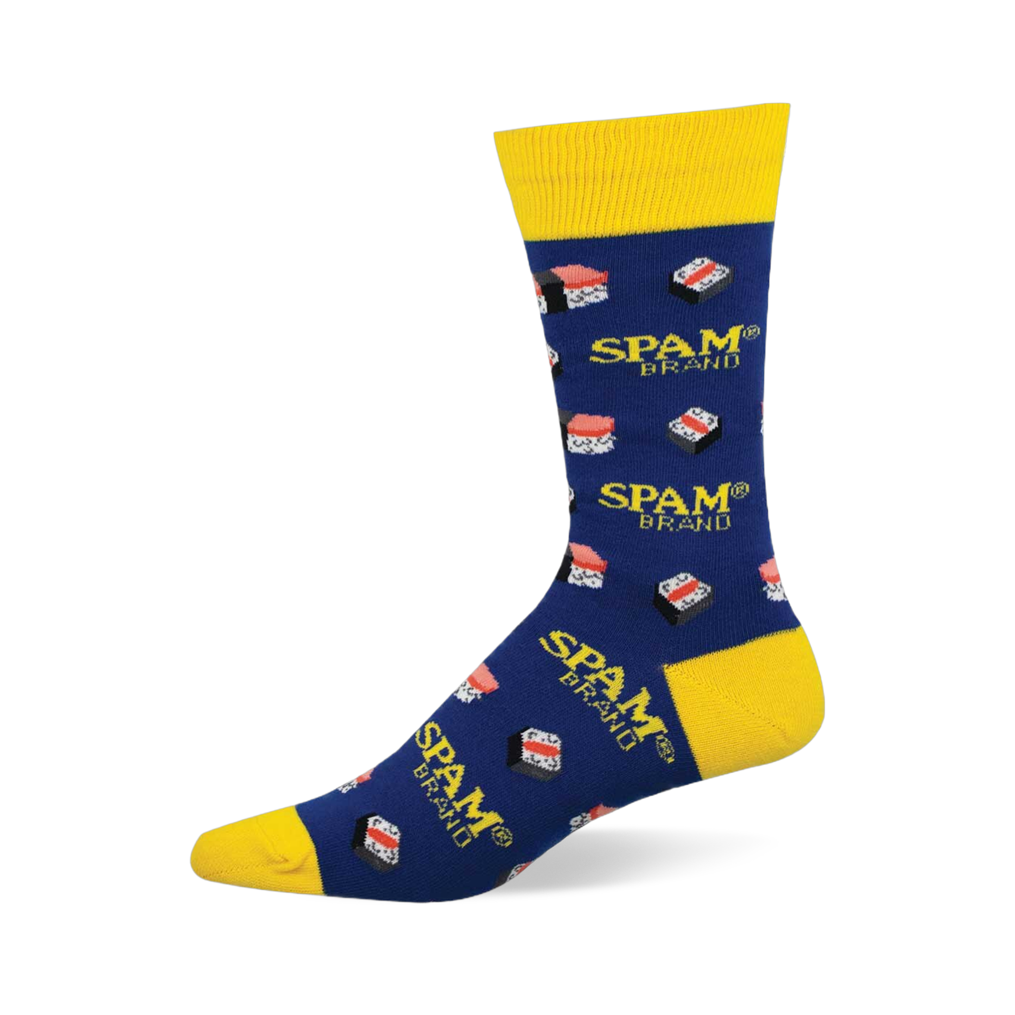 Blue crew sock with yellow cuff, heel, and toe, patterned with yellow "SPAM® BRAND" logos and Spam Musubi designs.