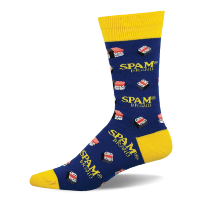 Blue crew sock with yellow cuff, heel, and toe, patterned with yellow "SPAM® BRAND" logos and Spam Musubi designs.