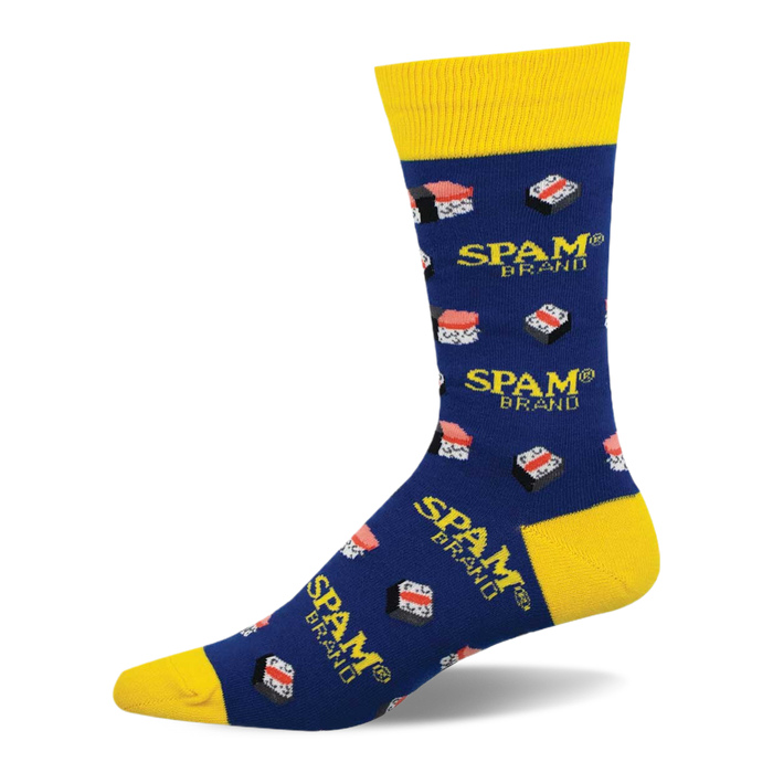 Blue crew sock with yellow cuff, heel, and toe, patterned with yellow 