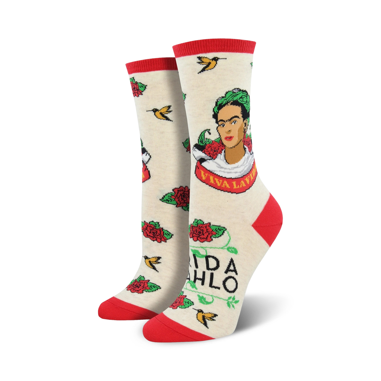 Cream crew socks with a Frida Kahlo portrait, red roses, hummingbirds, and 'Viva La Vida' text. Red and green accents.