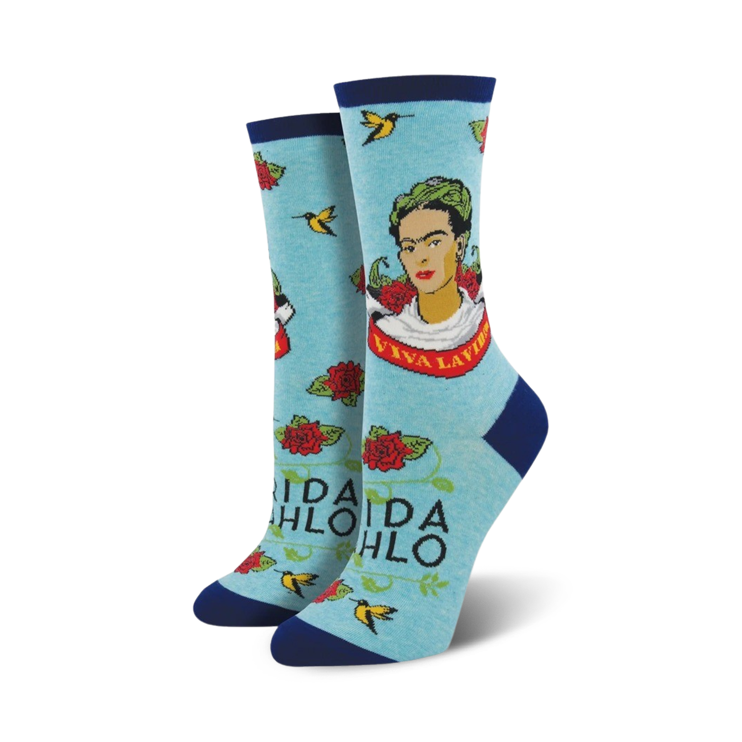 A pair of light blue 'Viva La Frida' socks on a white background. Same design as the cream socks, but in a different color scheme.