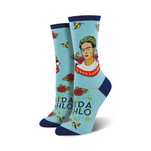 light blue women's crew socks with red and pink frida kahlo portrait and 