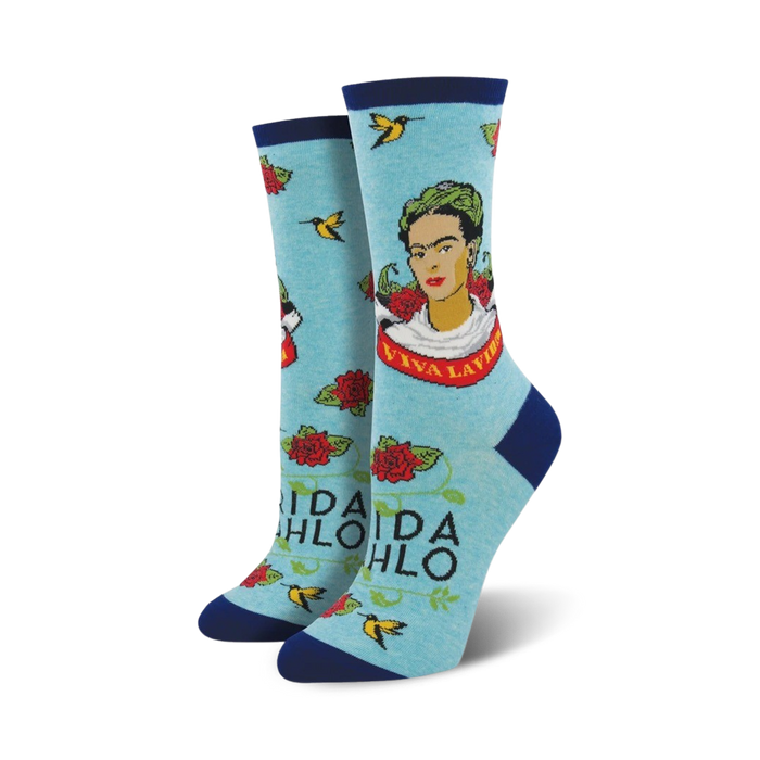 light blue women's crew socks with red and pink frida kahlo portrait and 