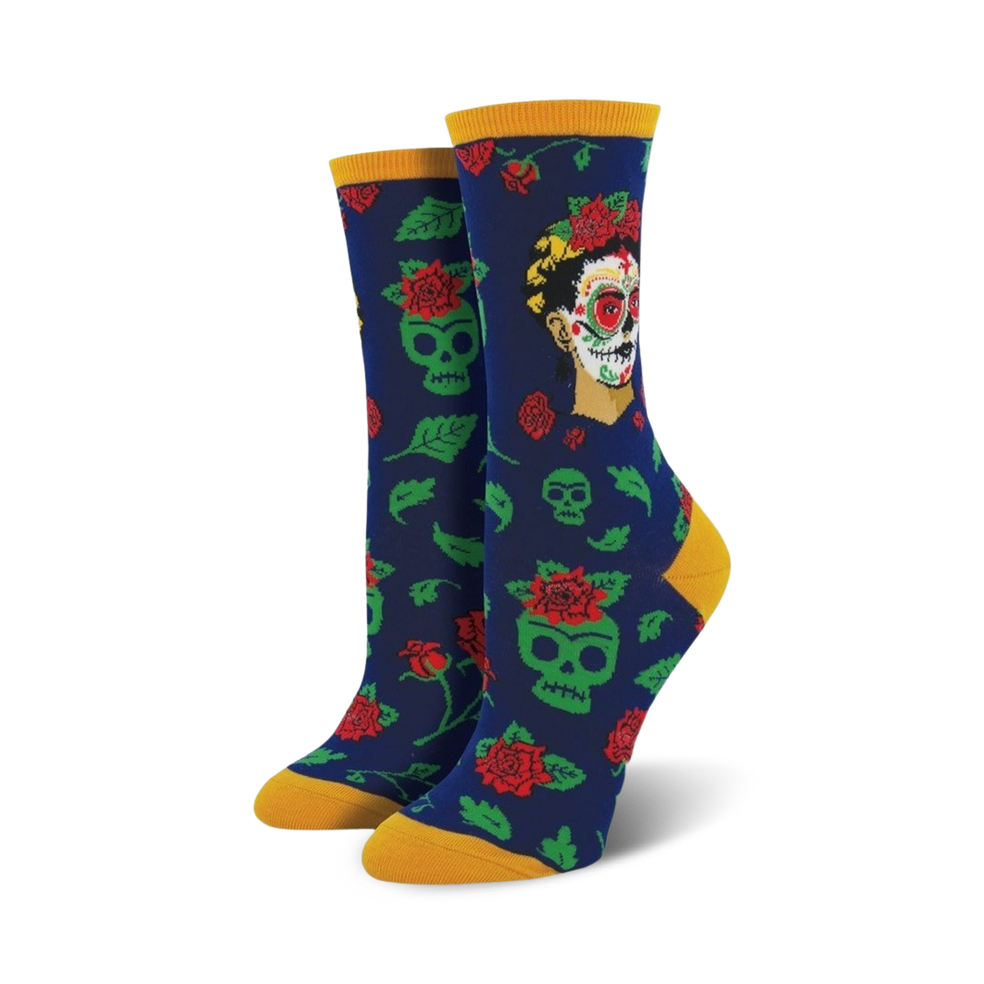 A pair of women's crew socks in navy blue. The socks feature a pattern of green sugar skulls, red roses, and a portrait of Frida Kahlo styled as a Catrina.