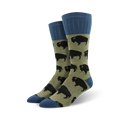 A pair of men's crew socks in olive green and dark blue.  The socks have a repeating pattern of black bison silhouettes.