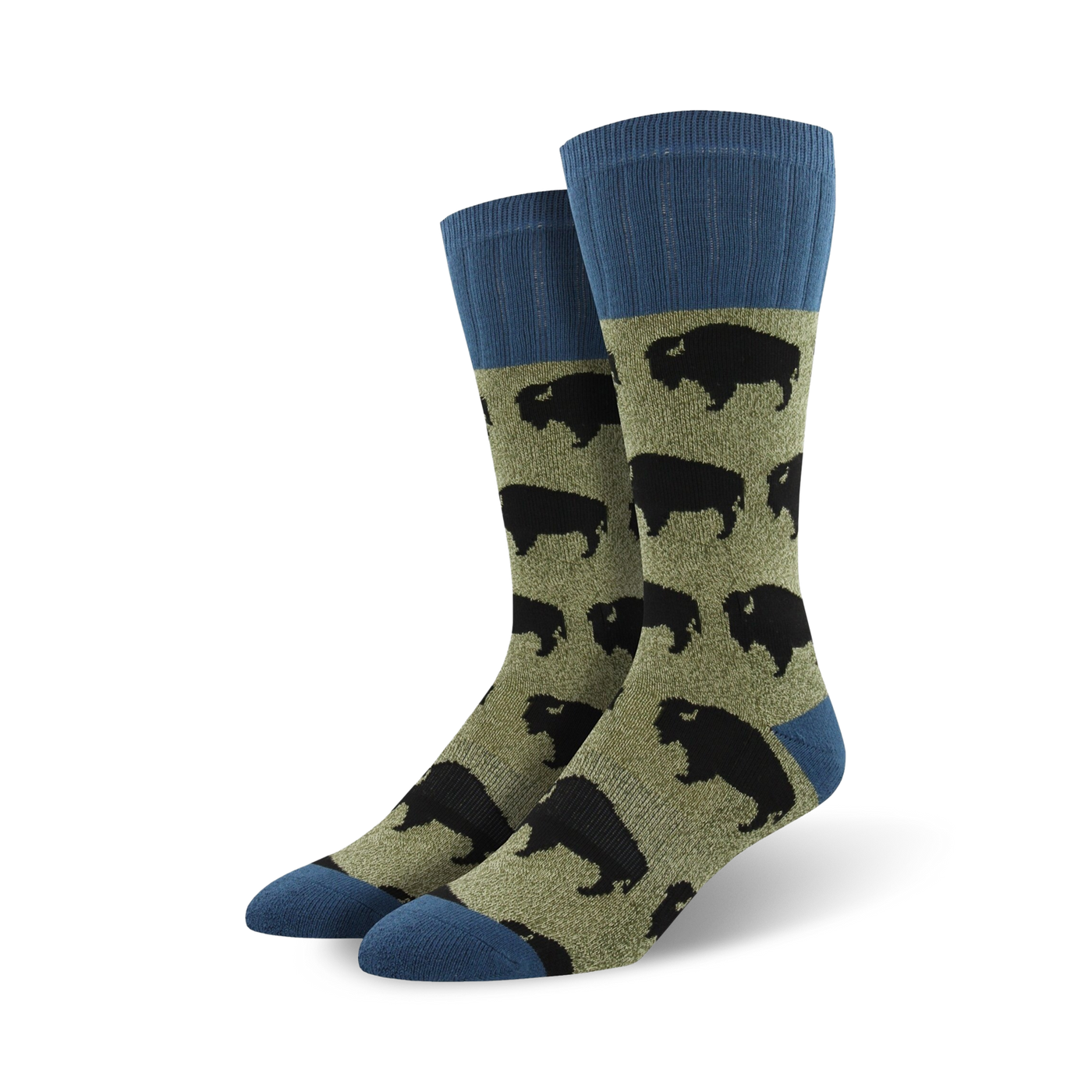 A pair of men's crew socks in olive green and dark blue.  The socks have a repeating pattern of black bison silhouettes.