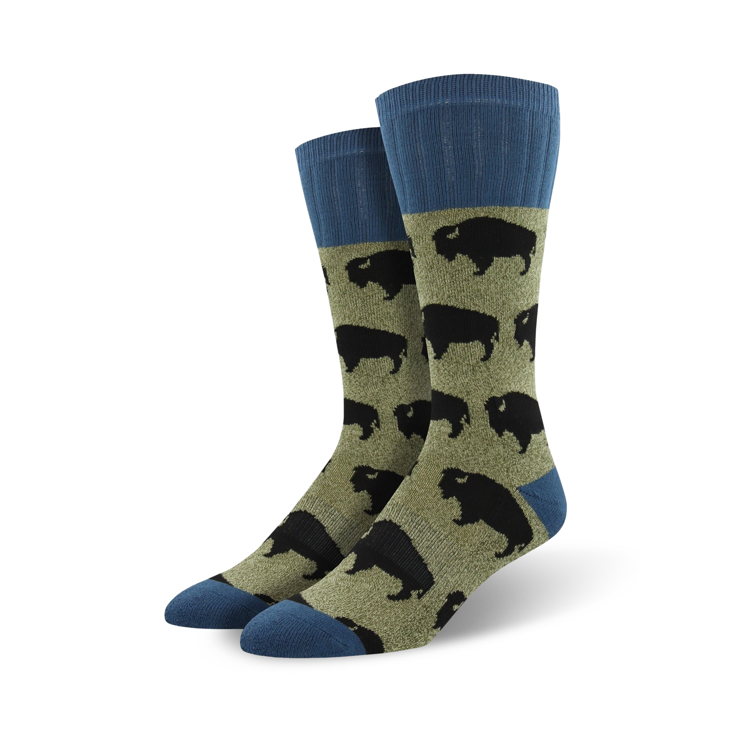 A pair of men's crew socks in olive green and dark blue.  The socks have a repeating pattern of black bison silhouettes.
