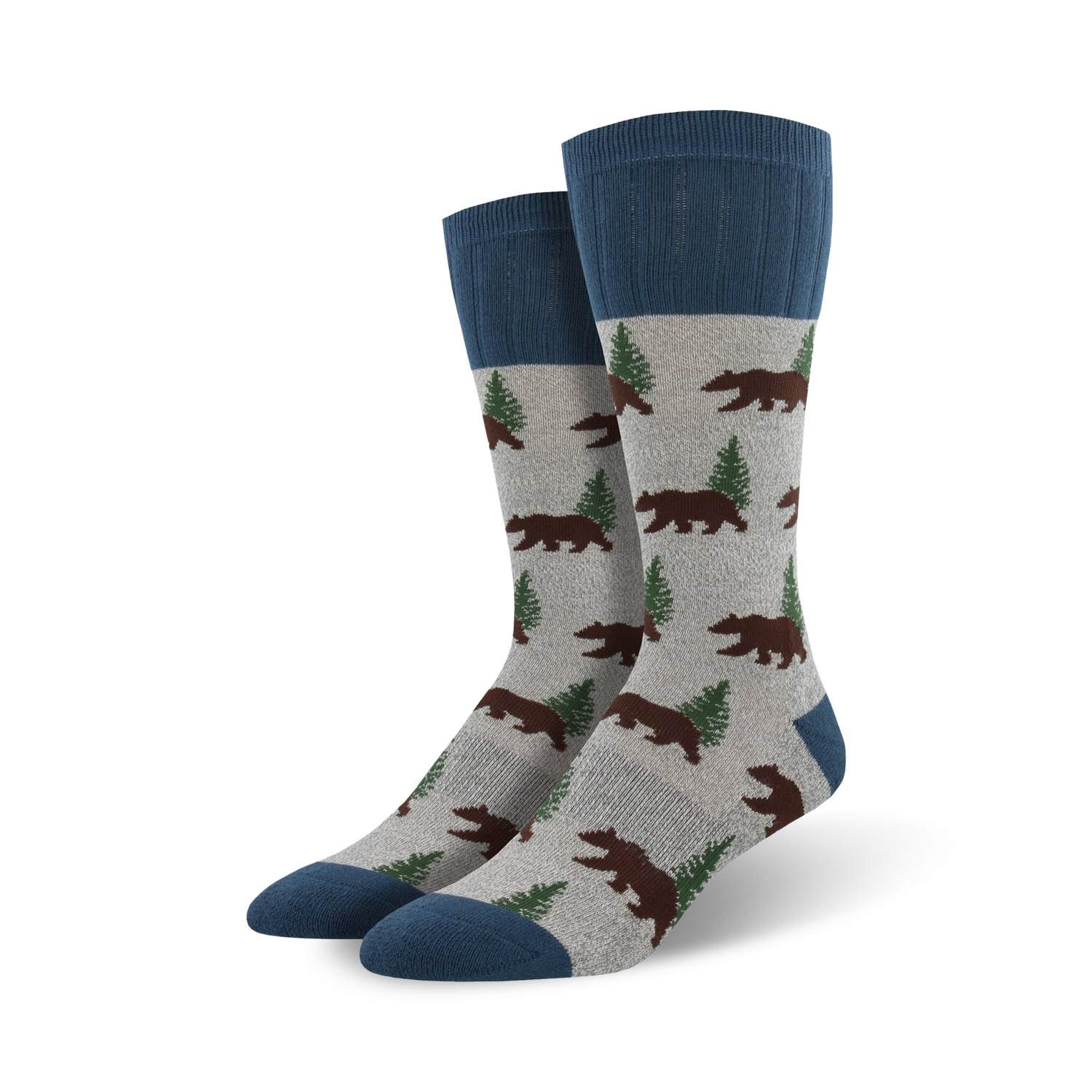 Pair of crew socks in grey and blue, featuring a pattern of brown bears and green pine trees.