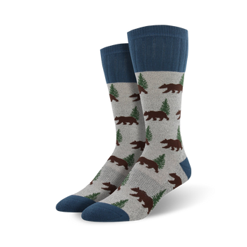 gray "outland bear" boot socks with blue toes and heels. pattern features brown bears standing on hind legs in front of green pine trees.   