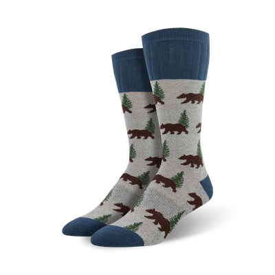 gray "outland bear" boot socks with blue toes and heels. pattern features brown bears standing on hind legs in front of green pine trees.   