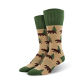 Close-up view of Outlands Bear socks in tan and green, showcasing the bear and pine tree pattern.