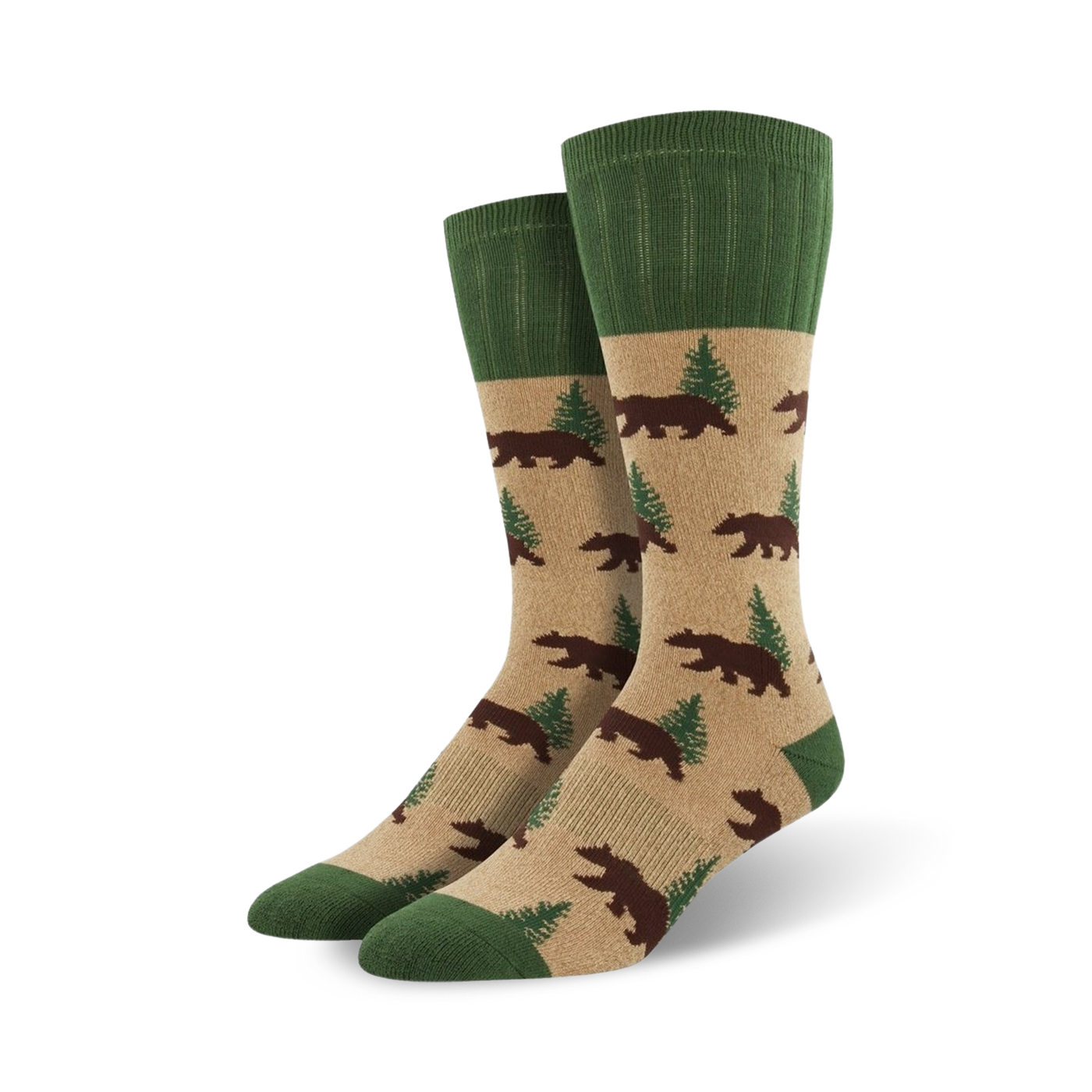Close-up view of Outlands Bear socks in tan and green, showcasing the bear and pine tree pattern.