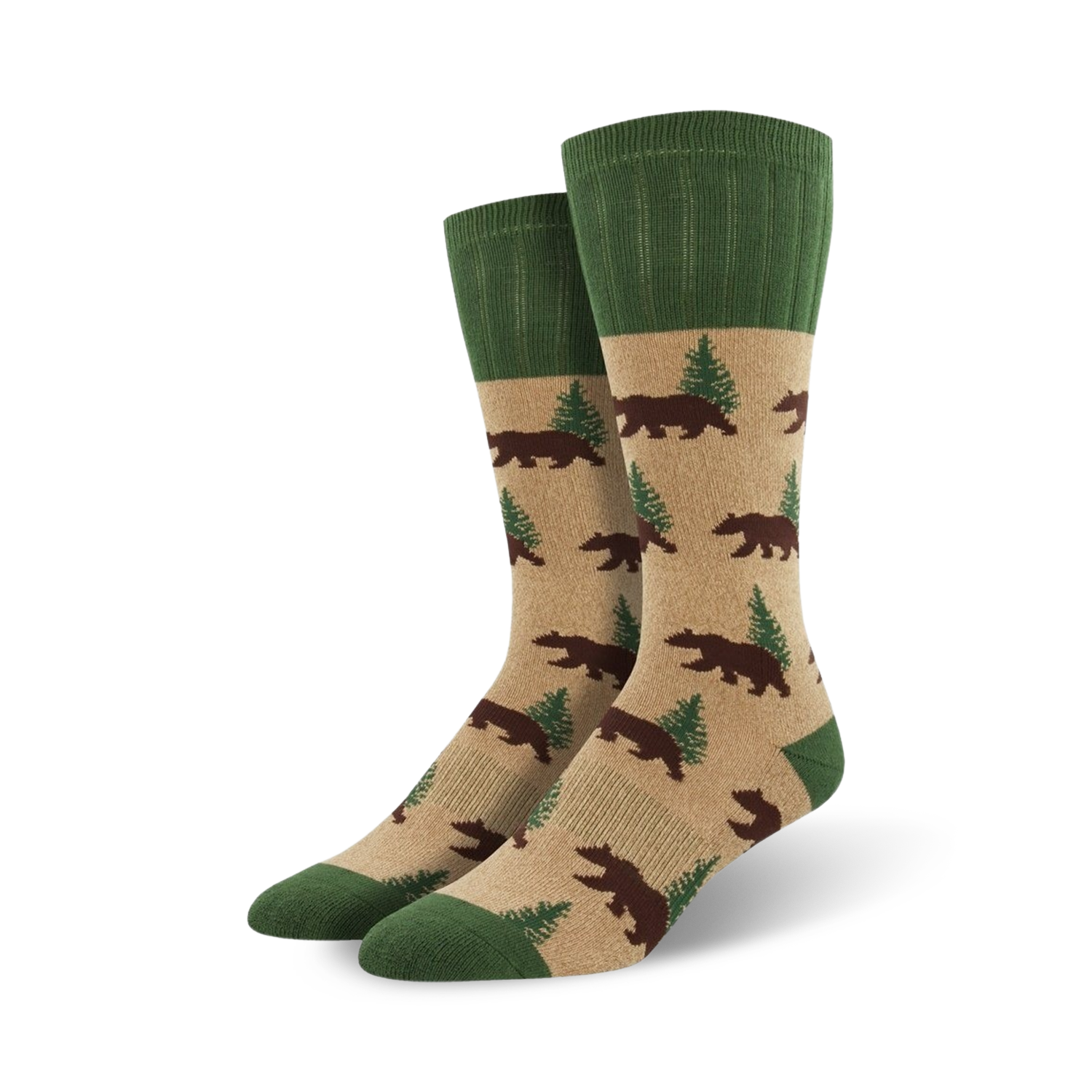 Close-up view of Outlands Bear socks in tan and green, showcasing the bear and pine tree pattern.