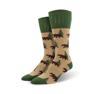 brown sock with green cuff. pattern of bears and pine trees. boot length. mens.  