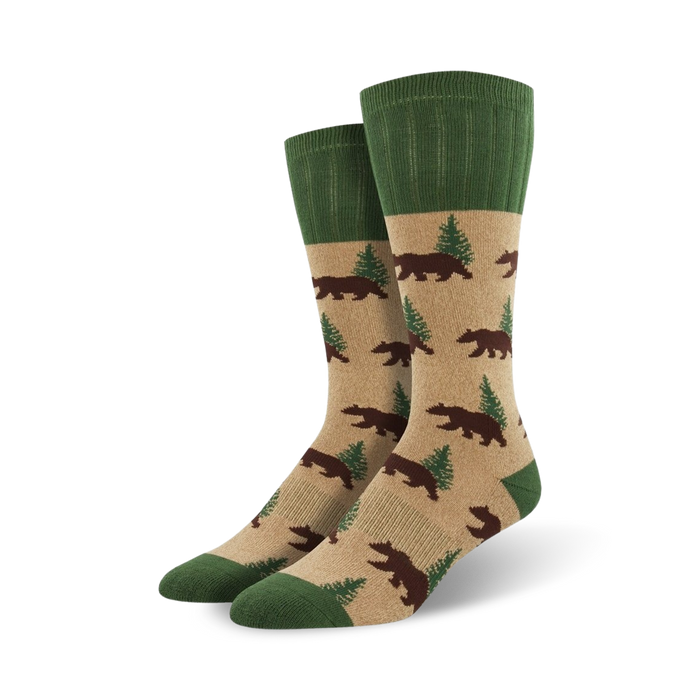 brown sock with green cuff. pattern of bears and pine trees. boot length. mens.  
