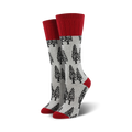 Pair of grey crew socks with a red cuff, featuring a repeating pattern of black evergreen trees.