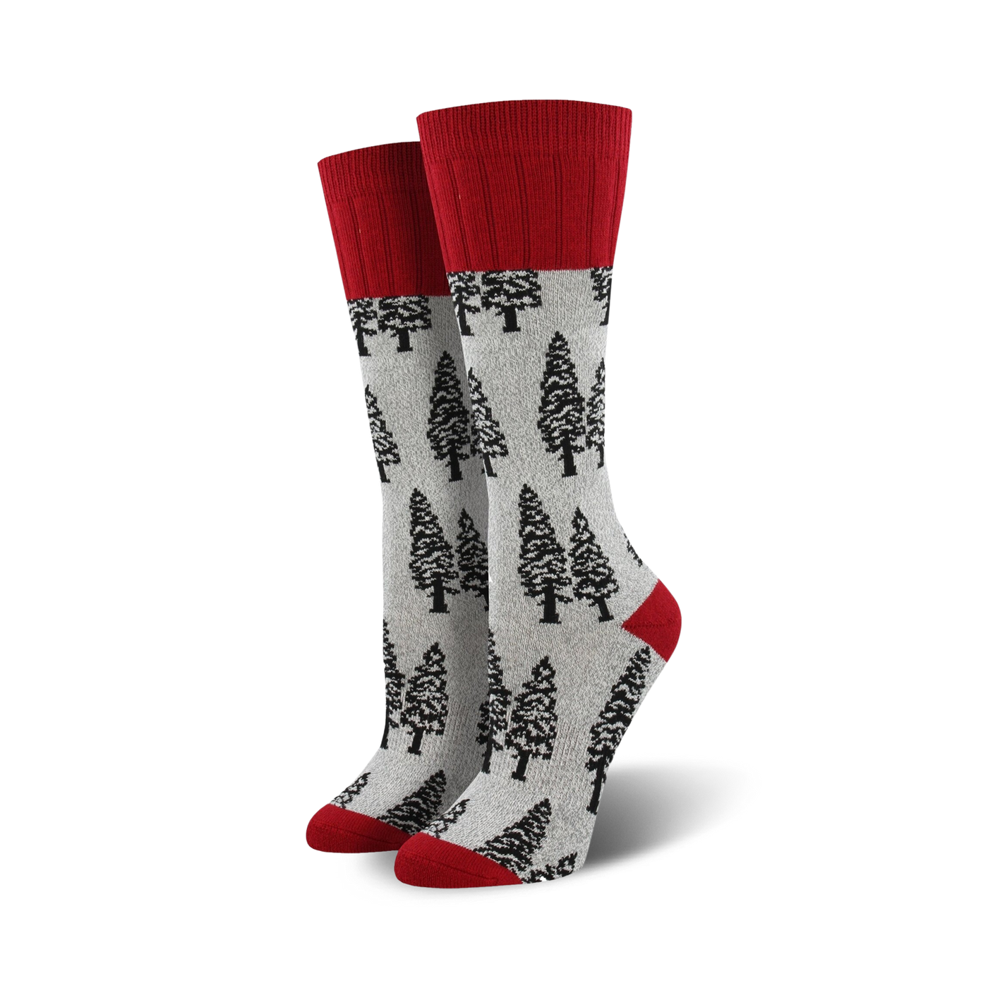 Pair of grey crew socks with a red cuff, featuring a repeating pattern of black evergreen trees.