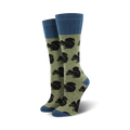 Pair of olive green crew socks with navy blue cuffs.  All-over print features black silhouettes of squirrels.