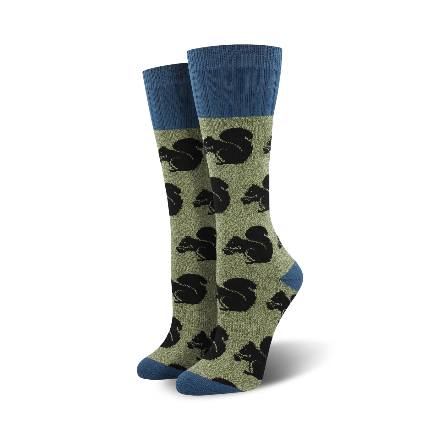 Pair of olive green crew socks with navy blue cuffs.  All-over print features black silhouettes of squirrels.