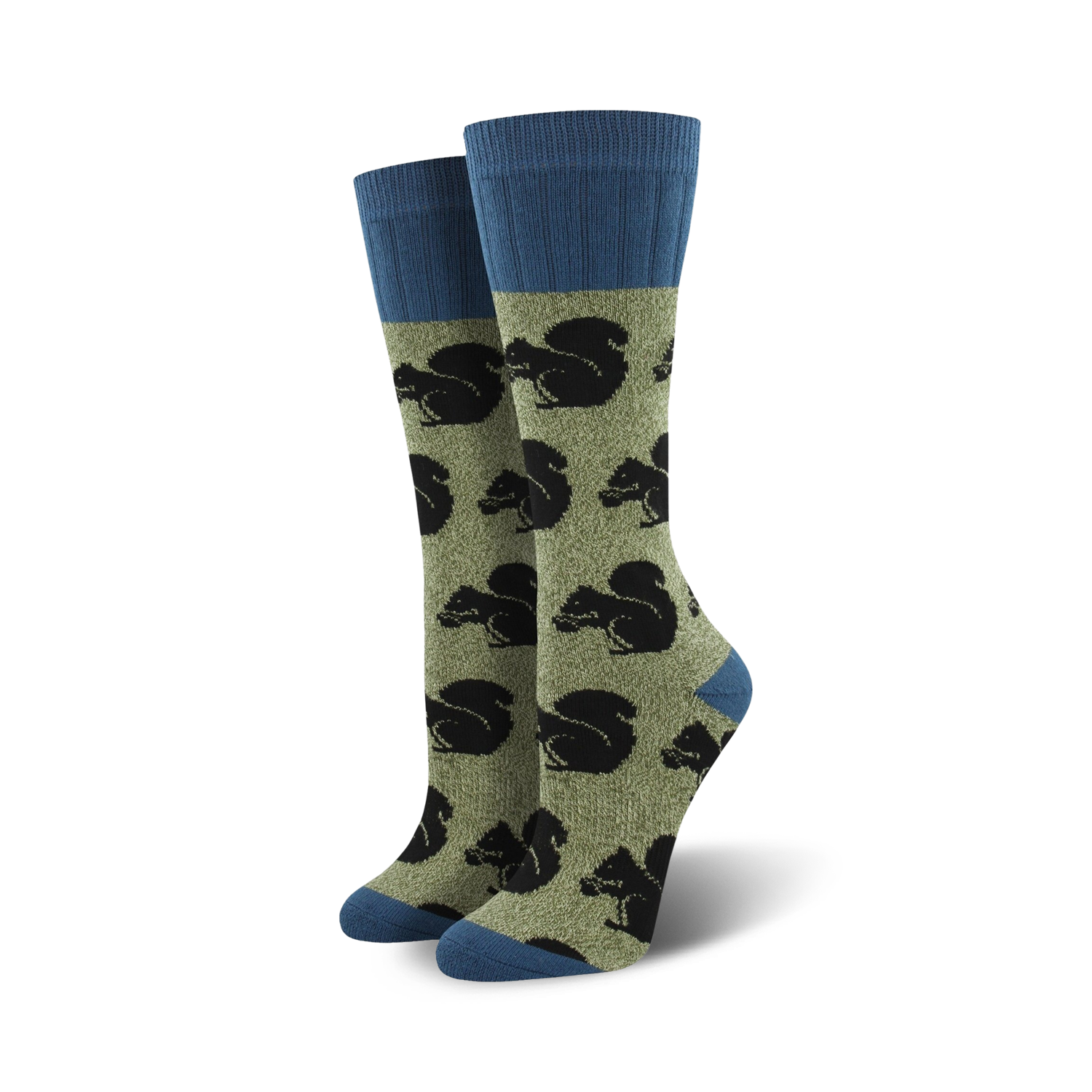 Pair of olive green crew socks with navy blue cuffs.  All-over print features black silhouettes of squirrels.